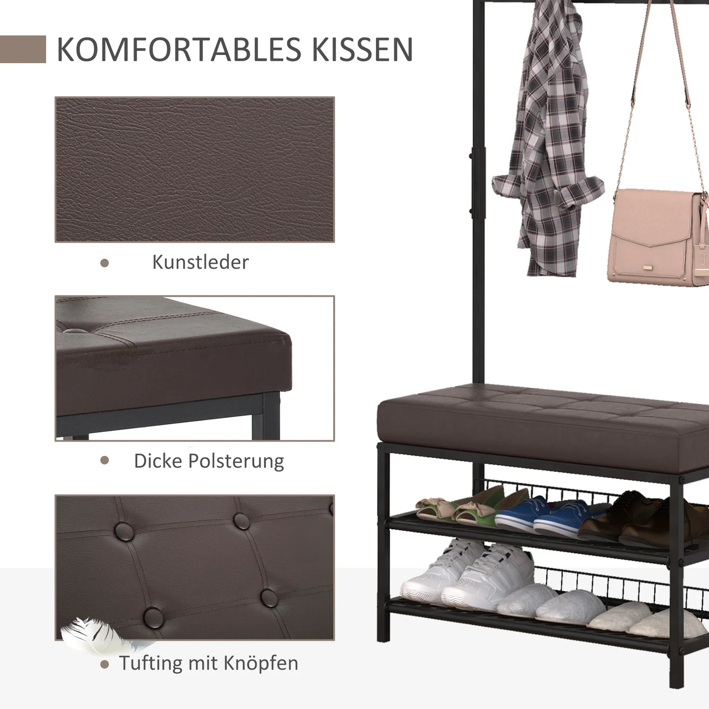 HOMCOM Garderobenständer mit 5 Haken und Schuhbank mit 2 Ebenen, Metallkleiderständer für Flur, Schlafzimmer, 72,5 x 35 x 180 cm