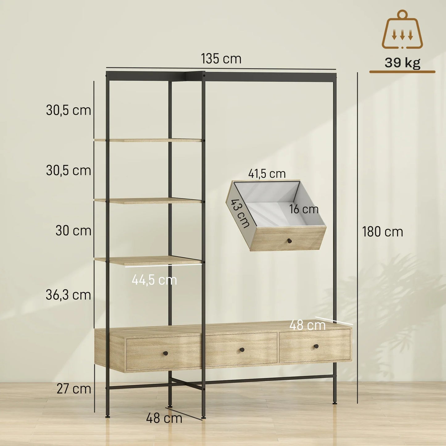 HOMCOM 4-in-1 Freistehender Garderobenständer mit Ablagen, Schubladen & Kleiderstange – Eiche-Optik, Metallgestell, Kippschutz (H 180 cm)