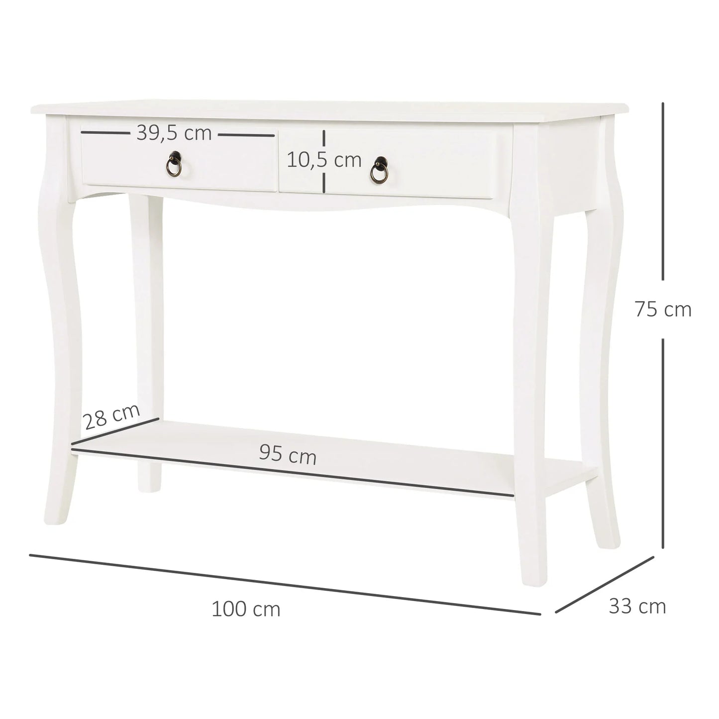 HOMCOM Konsolentisch Sideboard für Wohnzimmer und Flur, Akzenttisch mit Schubladen und Regal, elegantes Design 100x33x75cm Hochglanz Weiß