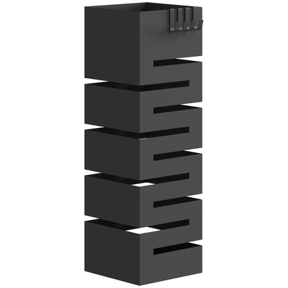 HOMCOM Metal Umbrella Stand, Square, with Removable Drip Tray & 4 Hooks, for Hallway, 15.5 x 15.5 x 49 cm, Black