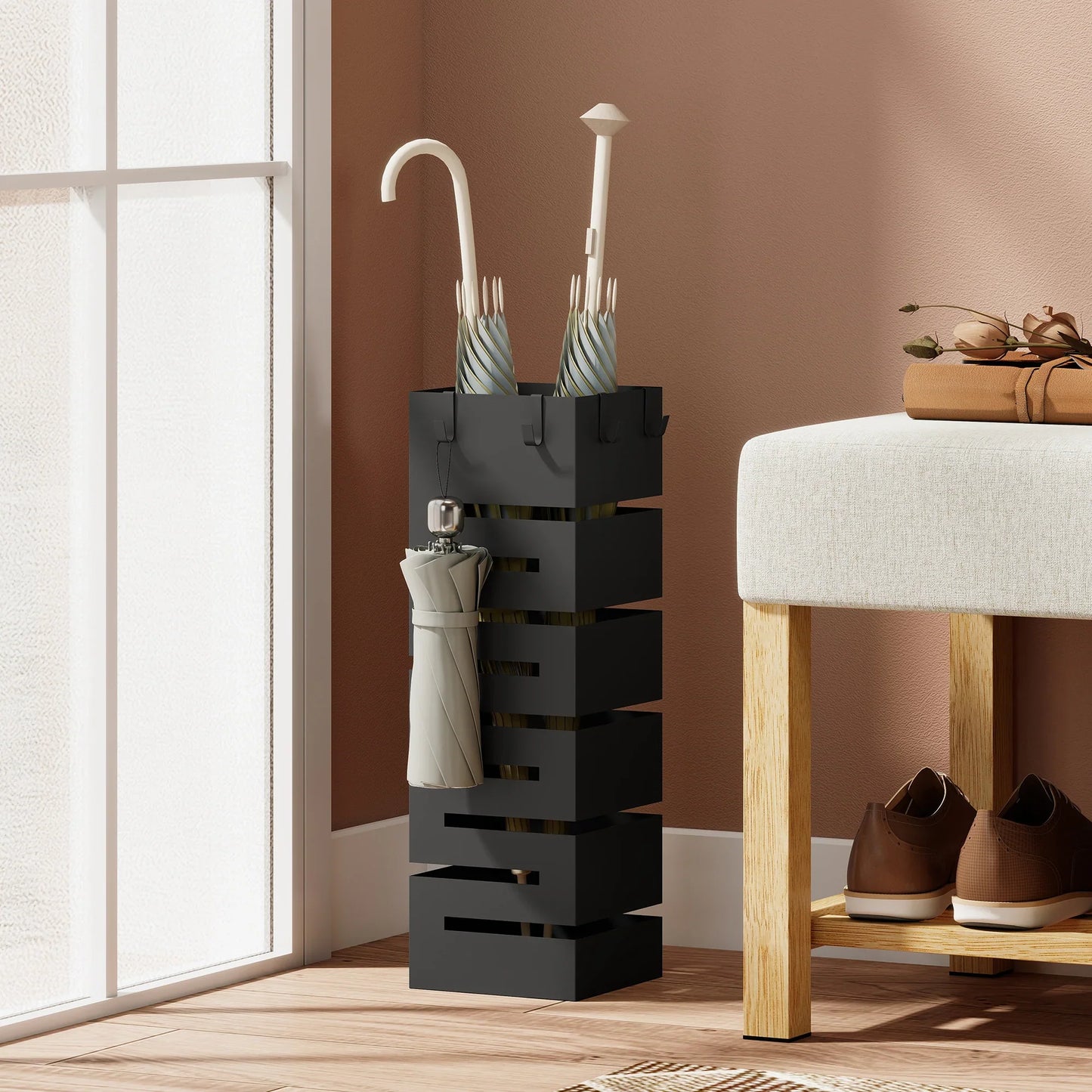 HOMCOM Metal Umbrella Stand, Square, with Removable Drip Tray & 4 Hooks, for Hallway, 15.5 x 15.5 x 49 cm, Black