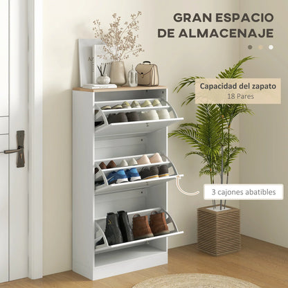 HOMCOM Schlanker Schuhschrank mit 3 Kipptüren – Schuhaufbewahrung für den Eingangsbereich mit verstellbaren Einlegeböden für 18 Paar Schuhe für schmale Flure 60x23,5x115 cm Weiß
