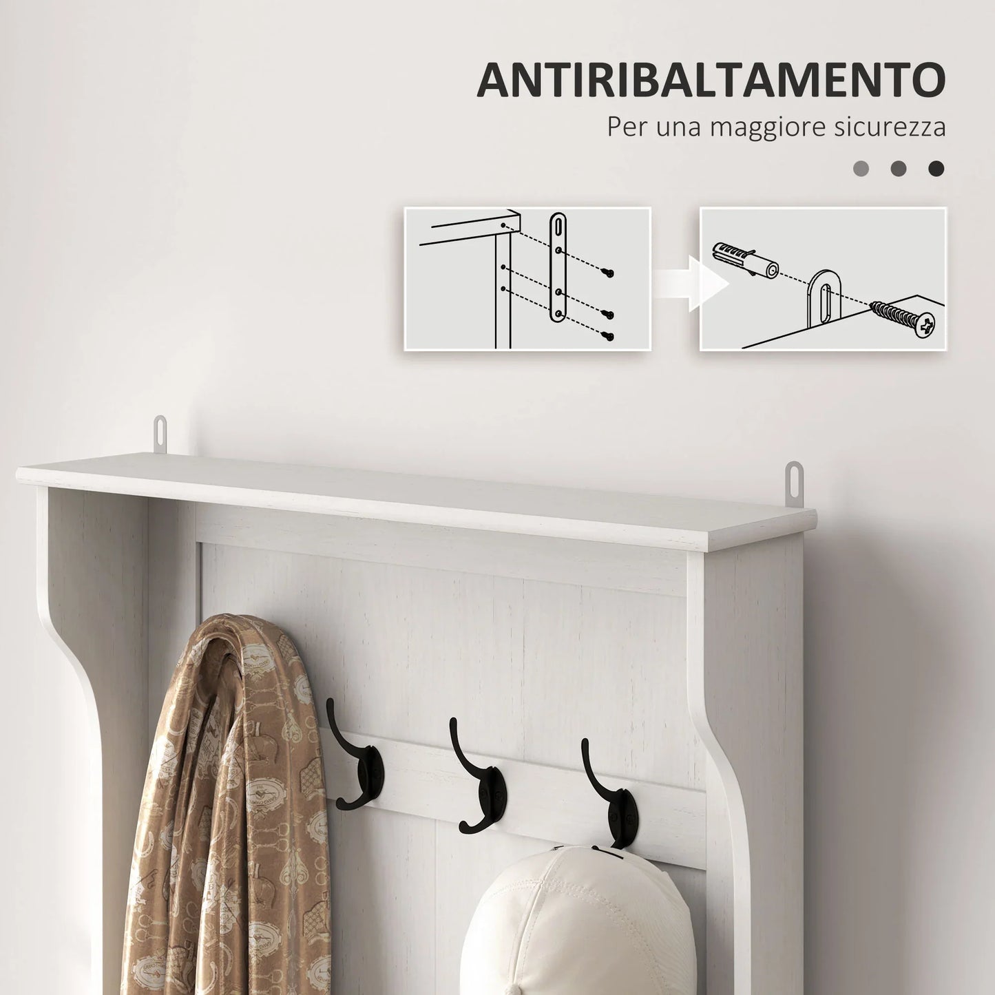 HOMCOM 3-in-1 Garderobenständer mit Schuhbank, platzsparender Standgarderobe mit 4 Haken und Ablagebank, MDF, für Flur, Schlafzimmer, 71,5x39,5x170 cm, Weiß und Braun