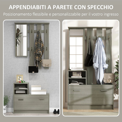 HOMCOM 4-in-1 Flurmöbel Set mit Garderobe, Spiegel, Sitzbank mit Regal und Schuhregal für 8 Paar Schuhe, Grau