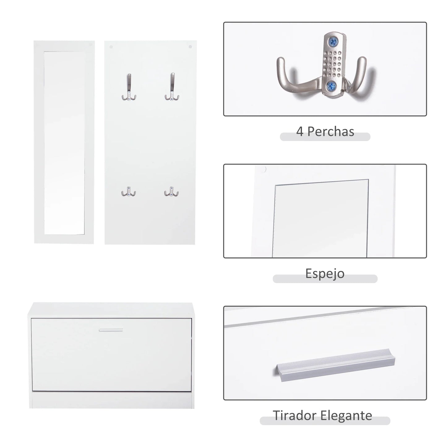 HOMCOM 3-teiliges Dielenmöbel-Set, Schuhschrank, Spiegel, Garderobe mit 4 Kleiderhaken, 80x27x46,5 cm, Weiß
