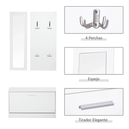 HOMCOM 3-teiliges Dielenmöbel-Set, Schuhschrank, Spiegel, Garderobe mit 4 Kleiderhaken, 80x27x46,5 cm, Weiß