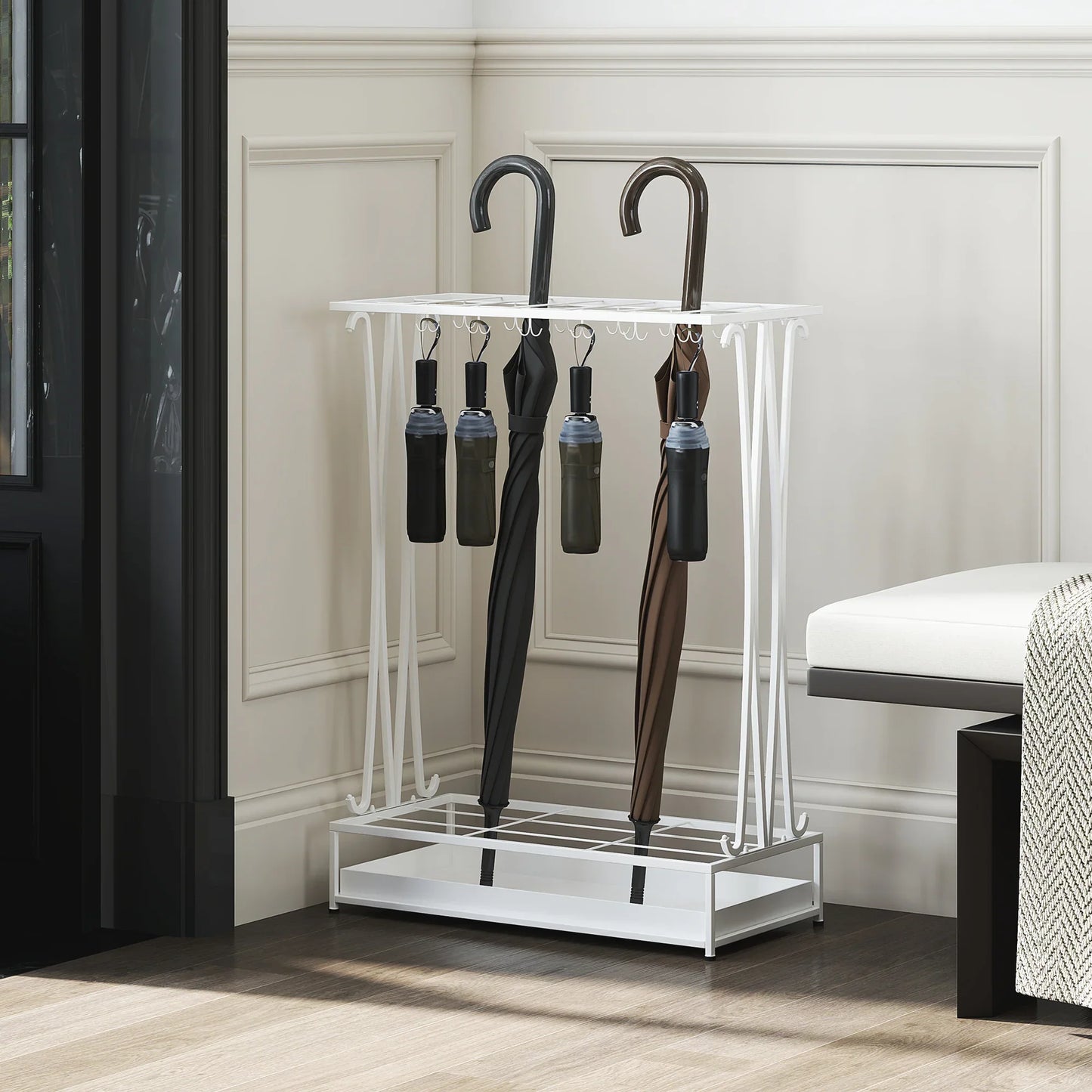 HOMCOM Moderner Rechteckiger Regenschirmständer aus Stahl mit 24 Haken, 21 Fächern und Abnehmbarem Tropfteller für Eingangsbereich und Büro 50x24x68 cm Weiß