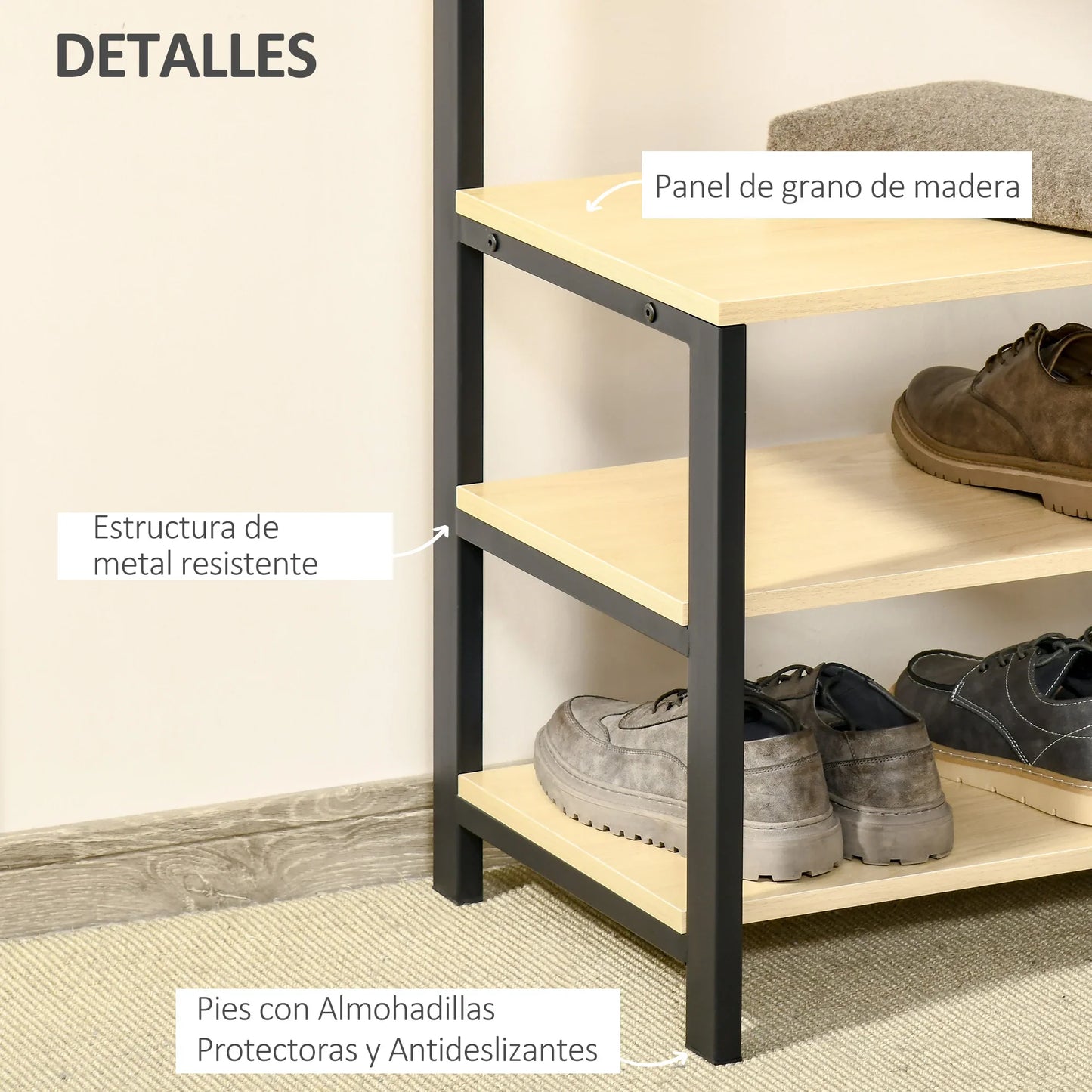 HOMCOM Coat Rack with Bench and Metal Shoe Rack with 3 Shelves and 4 Hooks for Hanging Clothes for Hallway/Entrance 60x40x175 cm Black and Natural
