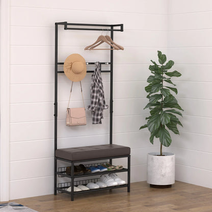 HOMCOM Garderobenständer mit 5 Haken und Schuhbank mit 2 Ebenen, Metallkleiderständer für Flur, Schlafzimmer, 72,5 x 35 x 180 cm