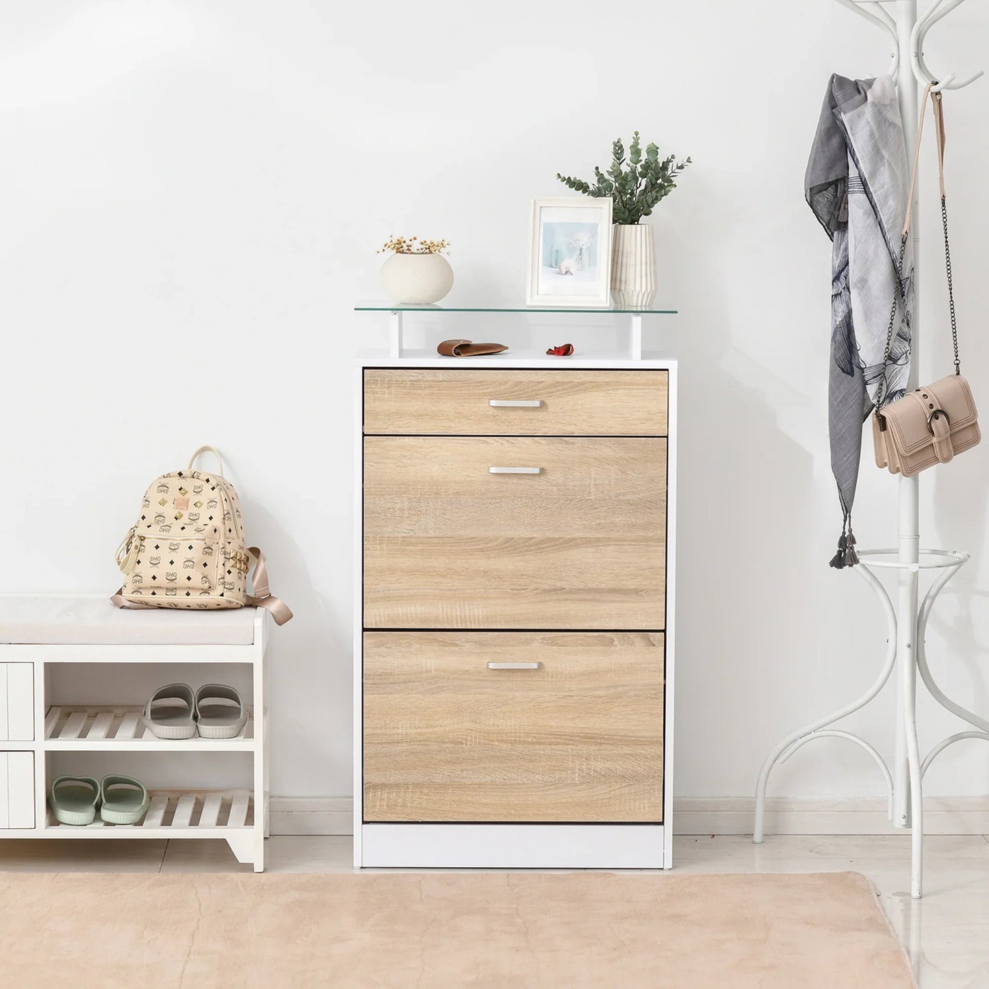 HOMCOM Schuhschrank mit 3 Schubladen, Glasablage und Aluminiumgriff für Flur, 50 kg Belastbarkeit, 60x24x105,5 cm - Natur