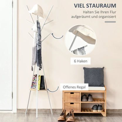 HOMCOM Garderobenständer, Hutständer mit 8 Haken, Kleiderständer mit Ablage, Standgarderobe für Kleidung, Hüte, Taschen, Metall, Weiß, 45 x 45 x 180 cm
