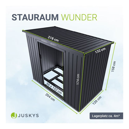 Juskys Gerätehaus Metall – Dunkelgrau, wetterfest mit Fundamentrahmen, Schiebetür & abschließbar - für Garten & Aufbewahrung