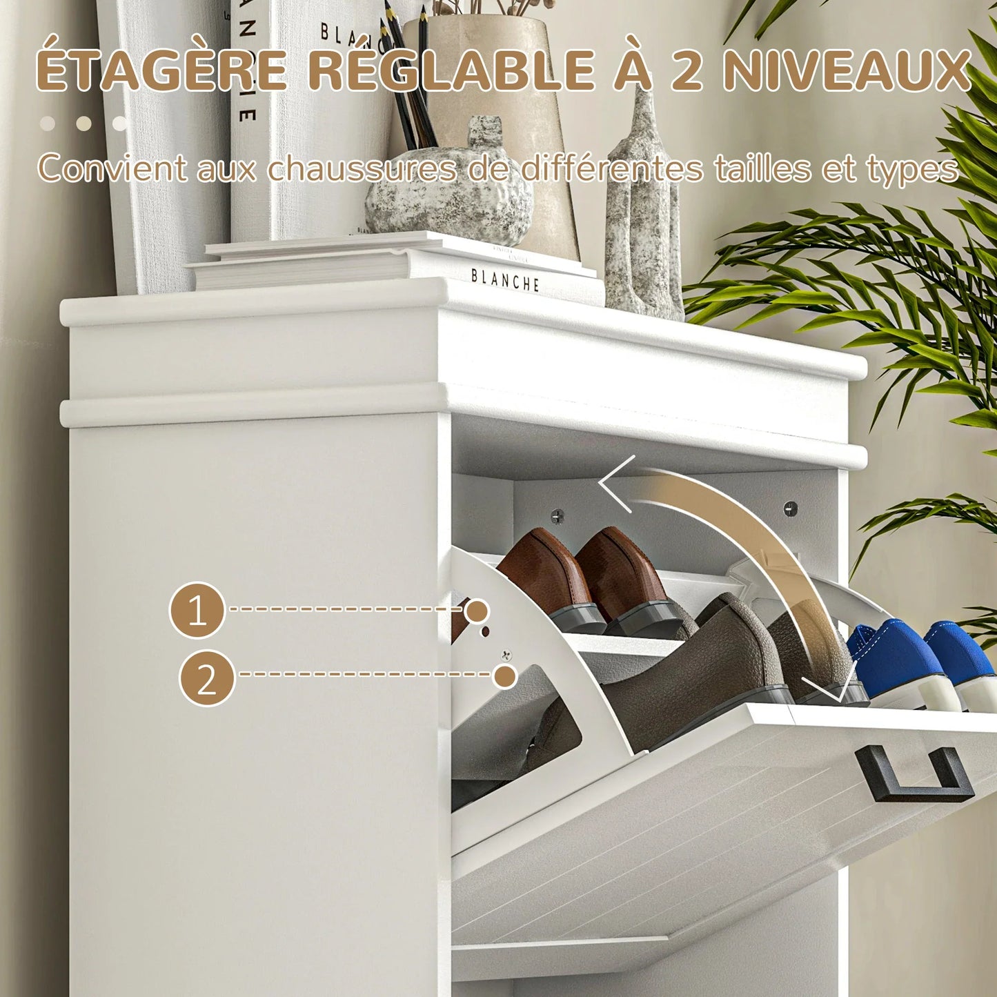 HOMCOM Schuhschrank, Schuhregal, 2 Klapptüren, verstellbare Regale, für Eingangsbereich, Flur, 54 x 24 x 82,5 cm, Weiß