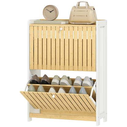 HOMCOM Slim Shoe Cabinet with 2 Bamboo Doors and Adjustable Shelves for 12 Pairs of Shoes 60x24x82.5 cm White and Natural