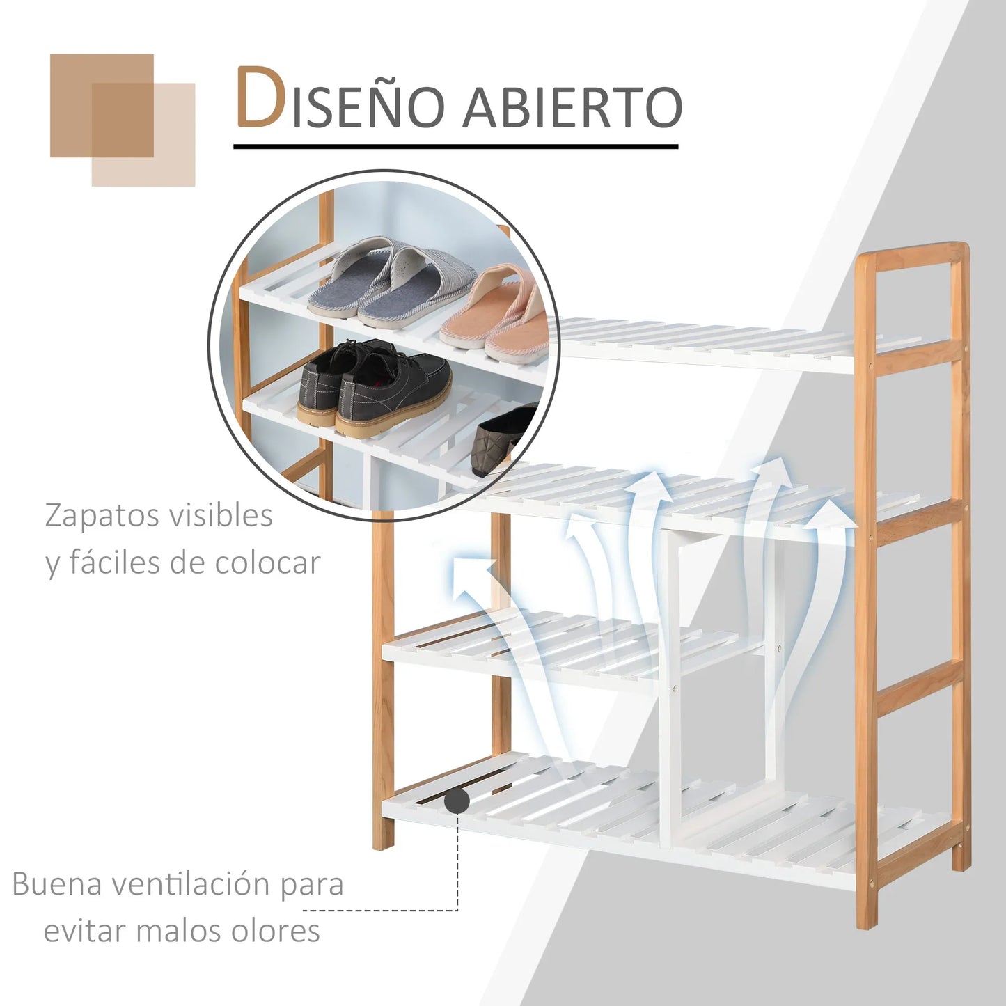 HOMCOM Schuhregal mit 4 Ebenen für bis zu 11 Paar Schuhe und Stiefelfach aus massivem Kiefernholz, 68x26x78 cm, Weiß