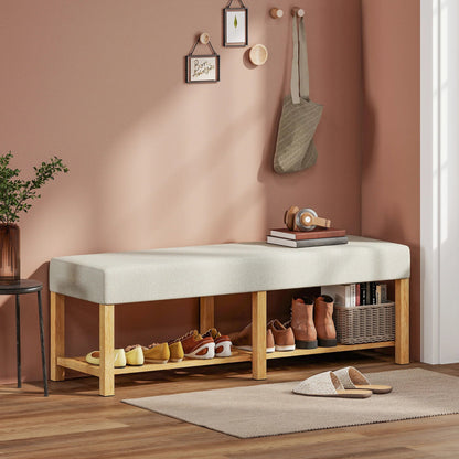HOMCOM Schuhbank — Moderner Flurbank mit gepolstertem Sitz für 2 Personen, offene Schuhablage, Kautschukbaumholz, für Flur, Diele, Wohnzimmer, 140 x 44 x 48 cm, Creme & Naturholz