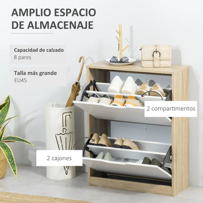 HOMCOM Schuhschrank aus Holz mit 2 Klapptüren und 4 Ablagefächern für 8 Paar Schuhe, für Flur, Diele, Schlafzimmer 62,5x26x81 cm, Weiß und Natur
