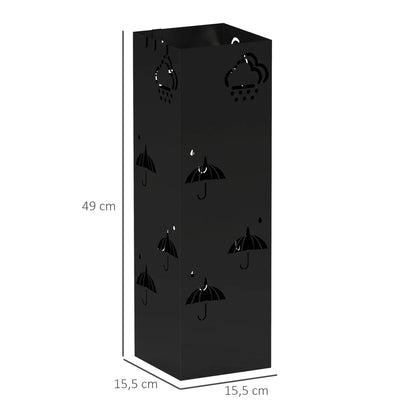 HOMCOM Regenschirmständer mit 4 Haken, abnehmbare Wasserauffangschale, dekorativer Regenschirmhalter für Sonnenschirme, Regentage & Gehstöcke, Stahl 15,5 x 15,5 x 49 cm Schwarz