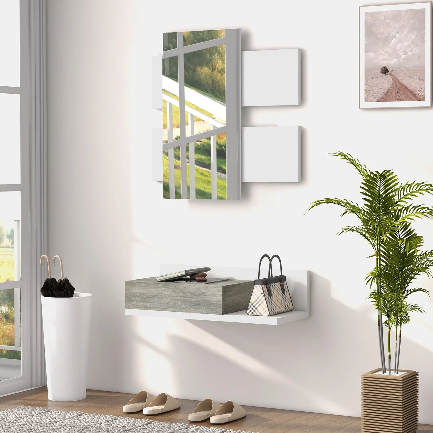 HOMCOM Flurmöbel-Set mit Spiegel und Konsole, Wandmontage, Modern, 75x3,5x75 cm und 75x30,5x20 cm, Grau und Weiß
