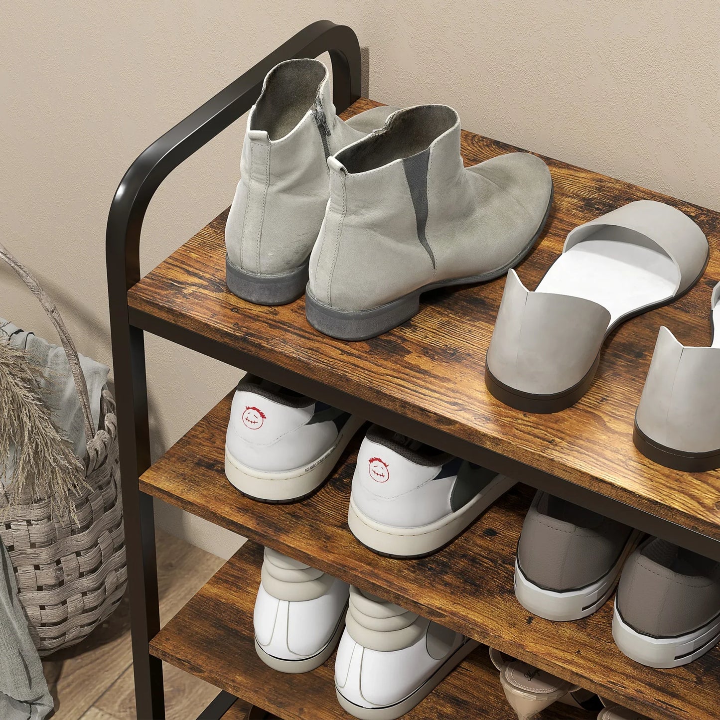 HOMCOM Schuhregal mit 4 Ebenen, Schuhregal mit Griff, Schuhständer für 11 Paar Schuhe, Platzsparende Schuhaufbewahrung, Schuhorganizer für Eingangsbereich, Flur, Rustikal Braun
