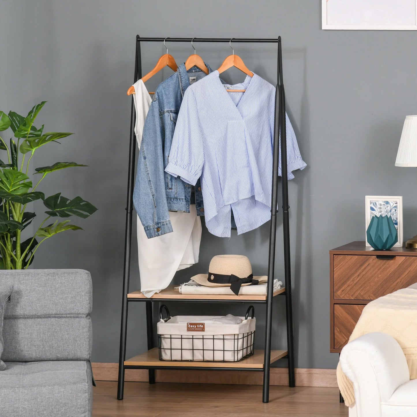 HOMCOM Clothes Rack with Shoe Shelf, Laundry Shelf, Metal + Wood Black + Natural 64 x 42.5 x 149 cm