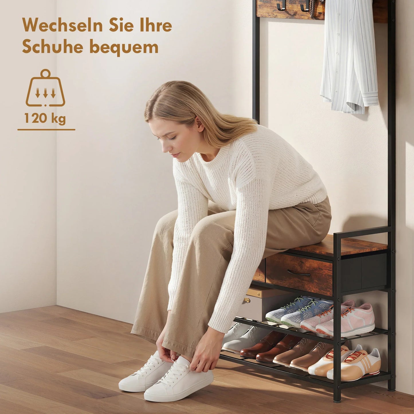 HOMCOM 5-in-1 Garderobenbaum mit Sitzbank & Organizer, Industrielles Stahlgestell, Rustikalbraun
