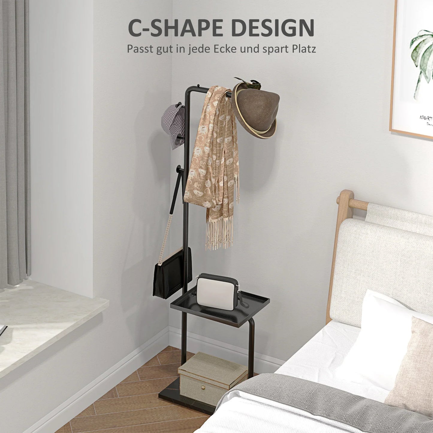 HOMCOM Garderobenständer, Kleiderständer mit Ablagen und Haken, Jackenständer, moderner Garderobe für Kleidung, Hut, Tasche, für Flur, Wohnzimmer, Schwarz