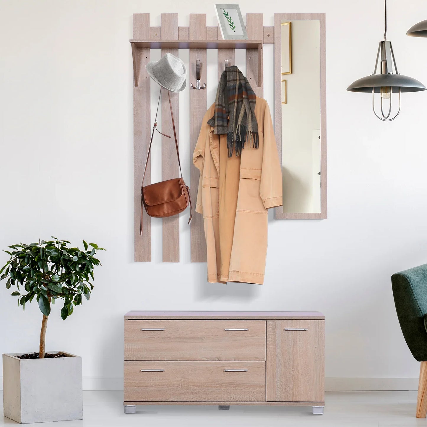HOMCOM Flurset mit Spiegel, Garderobe und Schuhschrank – Eingangsmöbel mit 3 Haken, Ablage und 2 Schubladen für Flur Eiche