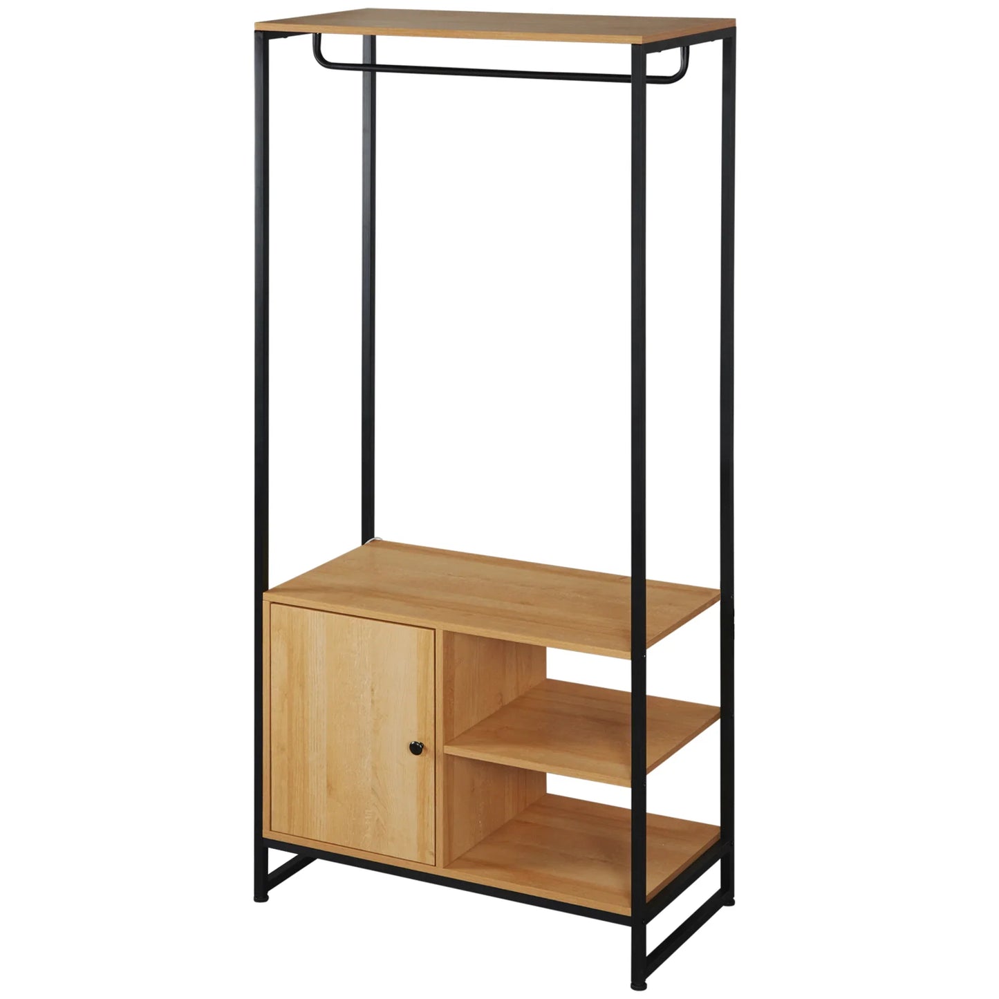 HOMCOM Kleiderständer aus Stahl und Holz im Industrie-Stil, Schrank mit Einlegeboden und 2 offenen Seitenfächern, 80x40x180cm, Natur