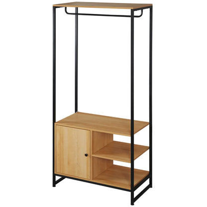 HOMCOM Kleiderständer aus Stahl und Holz im Industrie-Stil, Schrank mit Einlegeboden und 2 offenen Seitenfächern, 80x40x180cm, Natur
