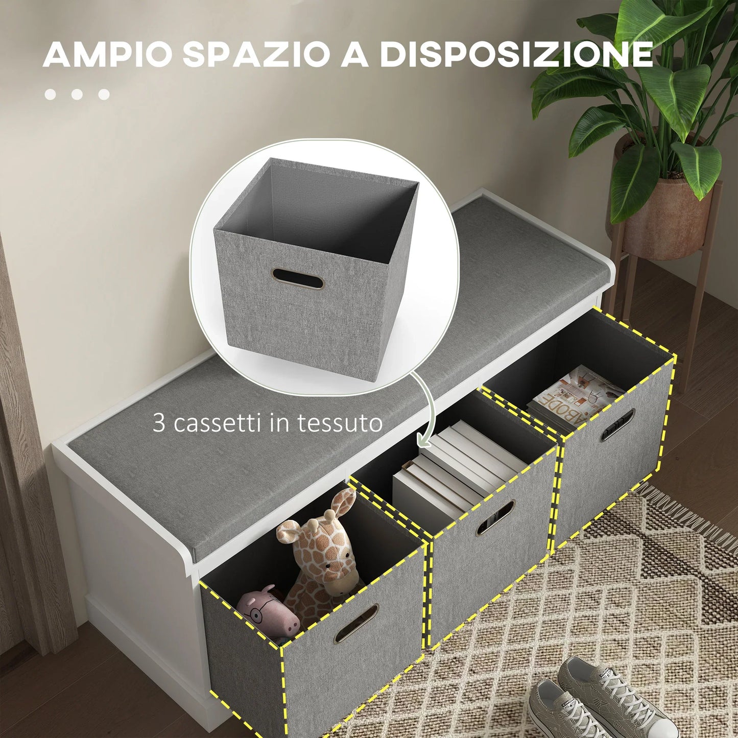 HOMCOM Entrance Shoe Bench with 3 Drawers, Shoe Storage Bench with Wood and Fabric Upholstery, Shoe Rack for 3 Pairs of Shoes, Living Room and Hallway, 105x35x47 cm, White