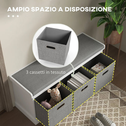 HOMCOM Entrance Shoe Bench with 3 Drawers, Shoe Storage Bench with Wood and Fabric Upholstery, Shoe Rack for 3 Pairs of Shoes, Living Room and Hallway, 105x35x47 cm, White