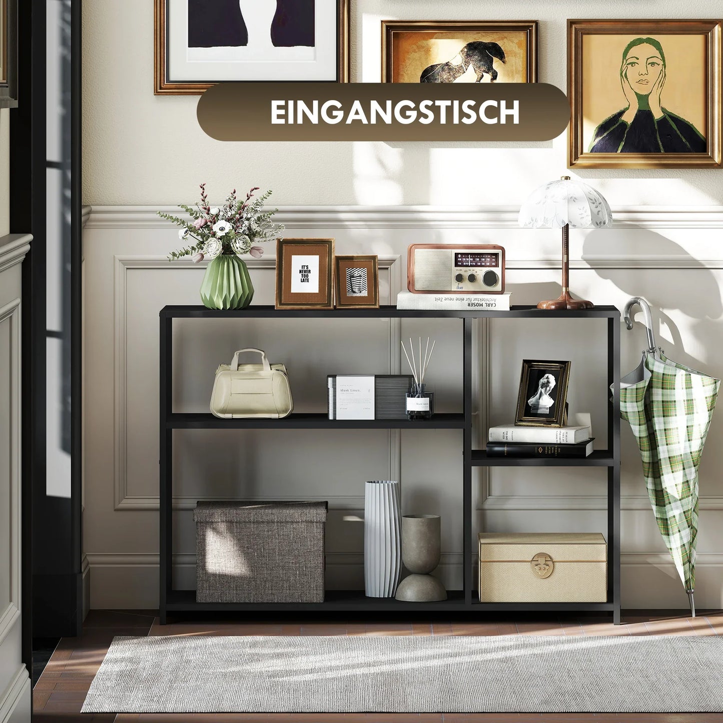 HOMCOM Konsolentisch Flurtisch mit 4 Regalen, Beistelltisch mit Stahlrahmen, Metallregal für kleine Räume, Eingangsbereich, Flur, Wohnzimmer, 110 x 30 x 75 cm Schwarz