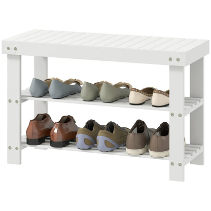 HOMCOM Bambus Schuhbank mit Sitzfläche, Schuhregal, 3-stufiger Schuhorganizer für 6 Paar Schuhe für Flur, Wohnzimmer, Schlafzimmer, 70x28x45 cm, Weiß
