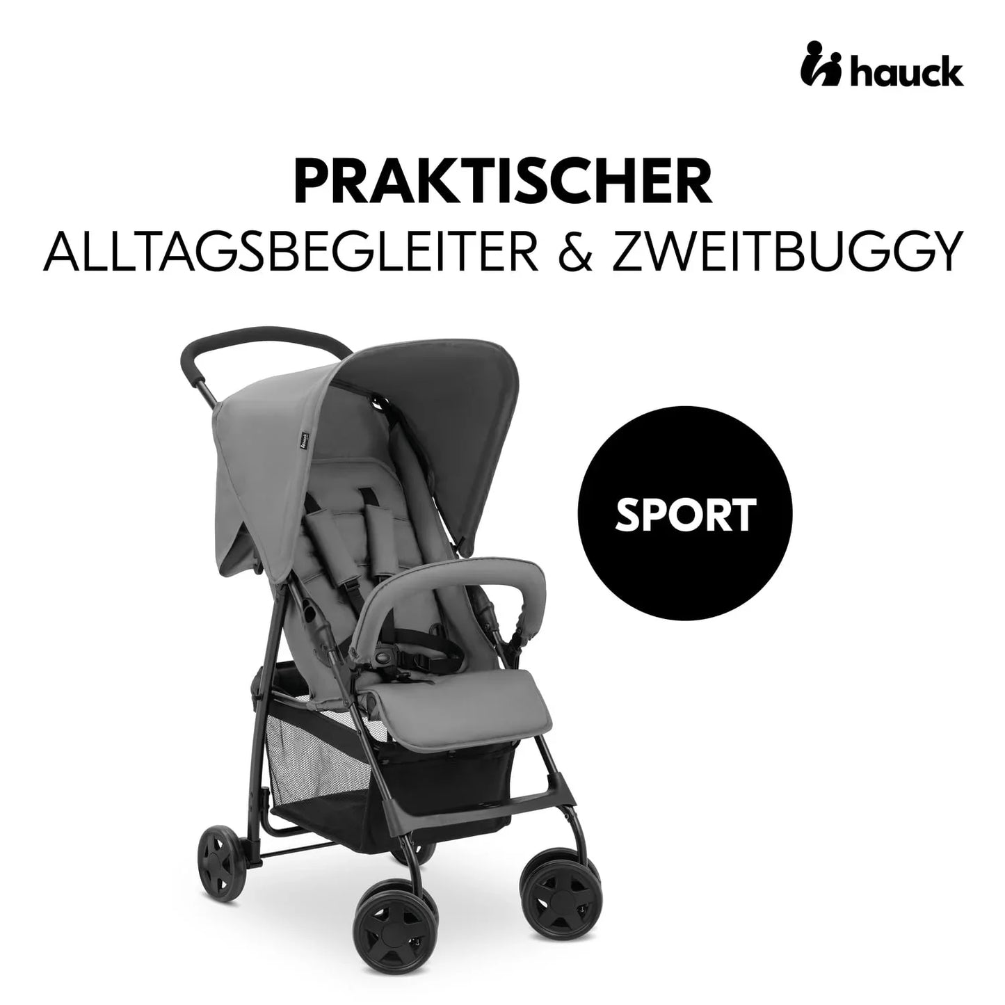 hauck Buggy Sport, Grau – Federleichter Reisebuggy 5,9 kg – mit Liegefunktion für Kinder ab Geburt bis 15 kg – Klein zusammenklappbar, Großer Einkaufskorb bis 3 kg