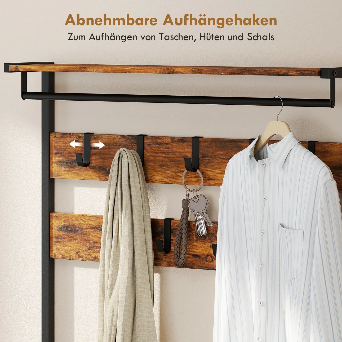 HOMCOM 5-in-1 Garderobenbaum mit Sitzbank & Organizer, Industrielles Stahlgestell, Rustikalbraun