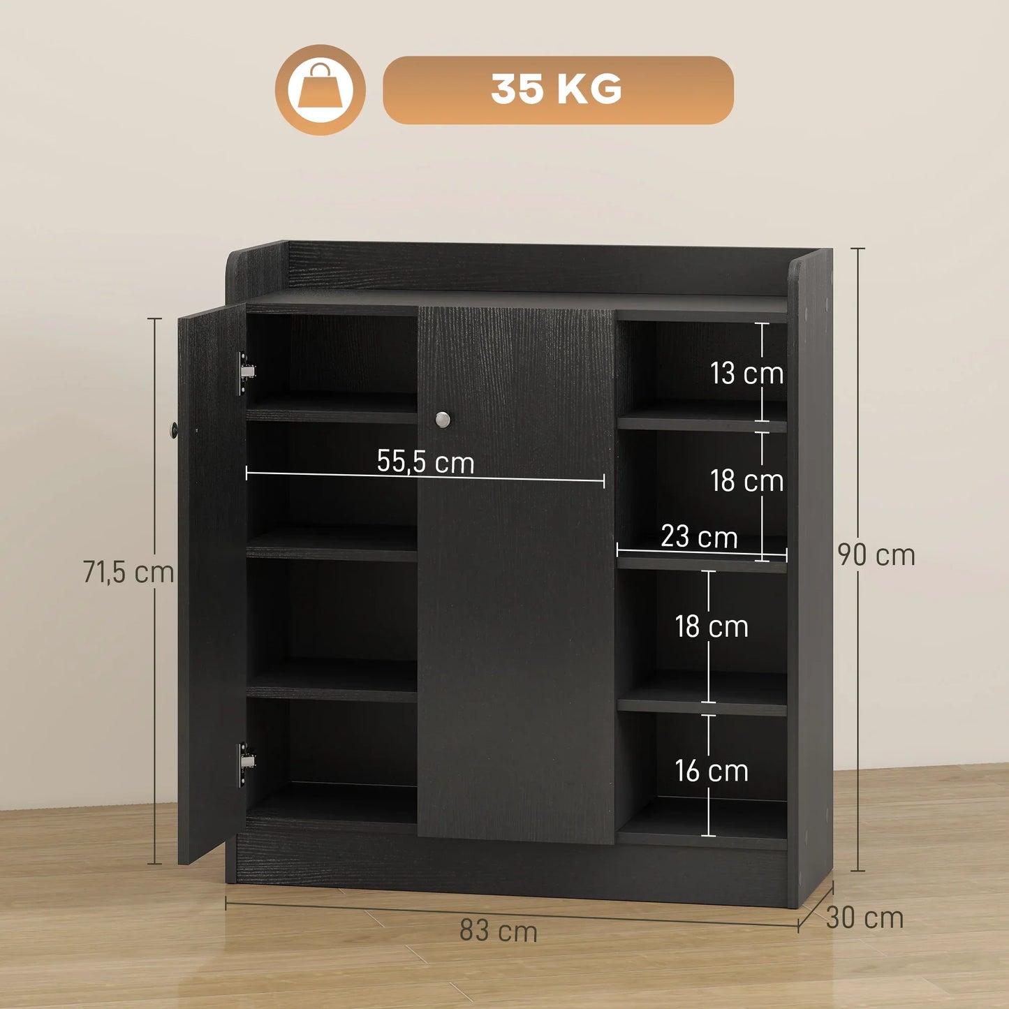 HOMCOM Shoe Cabinet with 2 Doors - Slim Shoe Rack with Adjustable Shelves for 12 Pairs of Shoes for Hallway and Entrance Area 83x30x90 cm Black