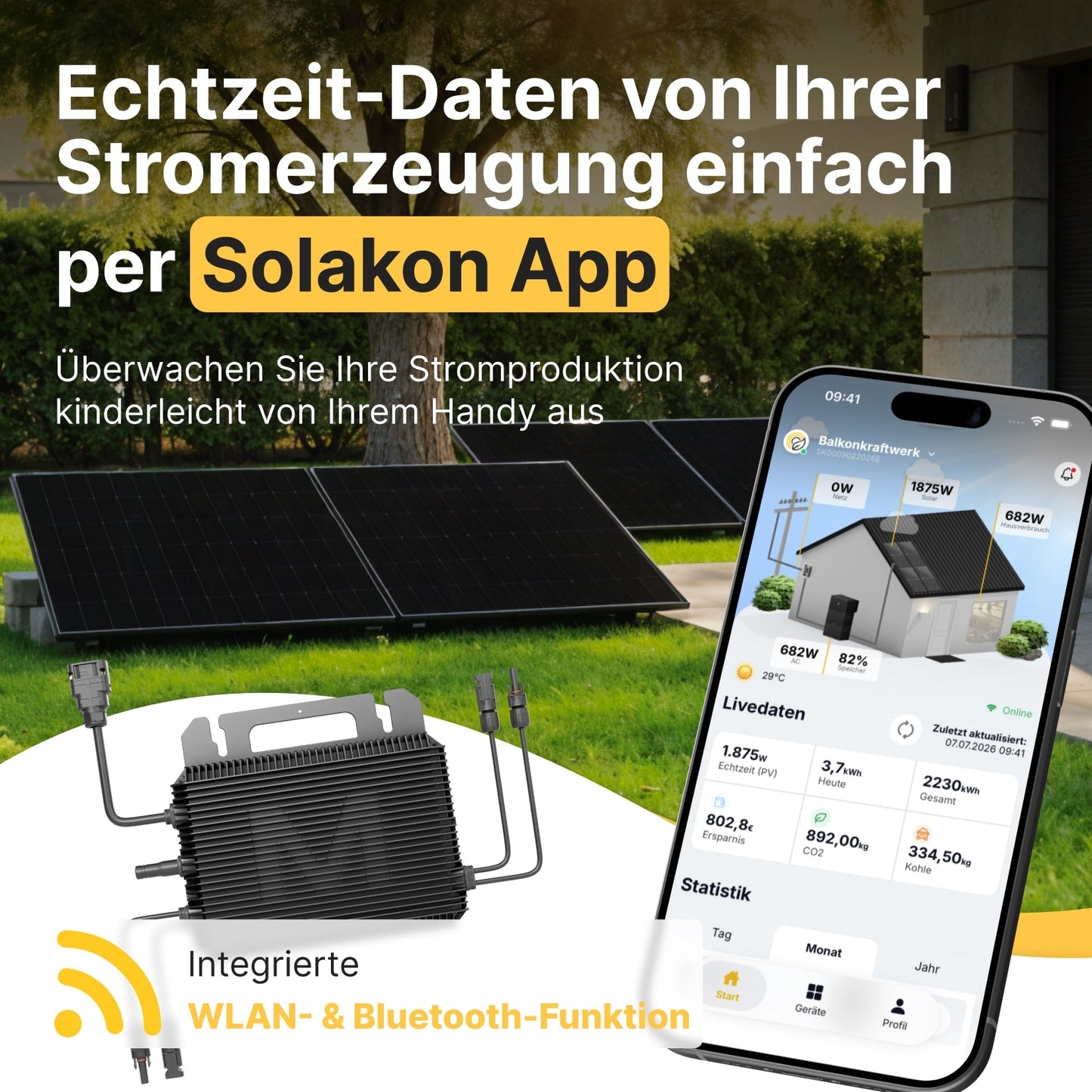 Balkonkraftwerk 1000W/800W Solaranlage Steckerfertig WIFI Komplettset Photovoltaik Anlage 800W, Kabellänge: 5m