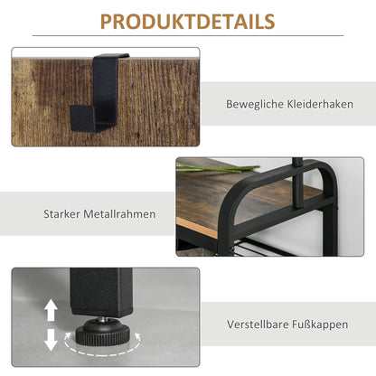 HOMCOM Clothes Rail Shoe Rack with 8 Hooks and 2 Shelves MDF Black 72.8 x 34 x 182 cm