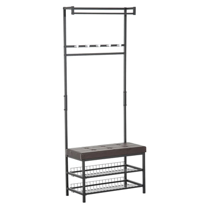HOMCOM Garderobenständer mit 5 Haken und Schuhbank mit 2 Ebenen, Metallkleiderständer für Flur, Schlafzimmer, 72,5 x 35 x 180 cm