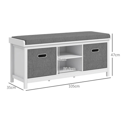 HOMCOM Schuhe-Bank mit verstellbarem 3-stufigem Regal, 2 abnehmbaren Schubladen und Polster, Möbel aus Spanplatte, 105x35x47 cm, Weiß und Grau