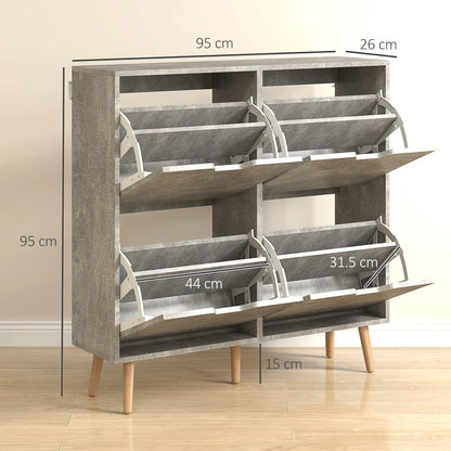 HOMCOM Shoe Cabinet for Entrance with 4 Flip-Down Doors on 2 Tiers for 16 Pairs of Shoes, Space-Saving Shoe Organizer with Adjustable Shelves Made of Particleboard and Pine Wood, 95x26x95 cm, Grey