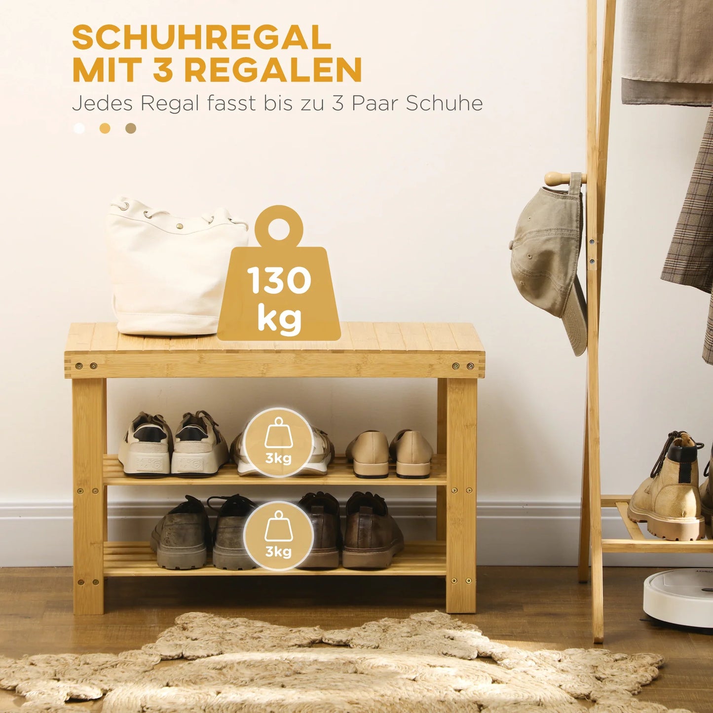 HOMCOM Schuhbank mit Sitzfläche, Bambus Sitzbank mit Stauraum, Schuhregal mit 2 offenen Fächern Garderobenbank für Wohnzimmer, Flur, 70 x 28 x 45 cm Natur