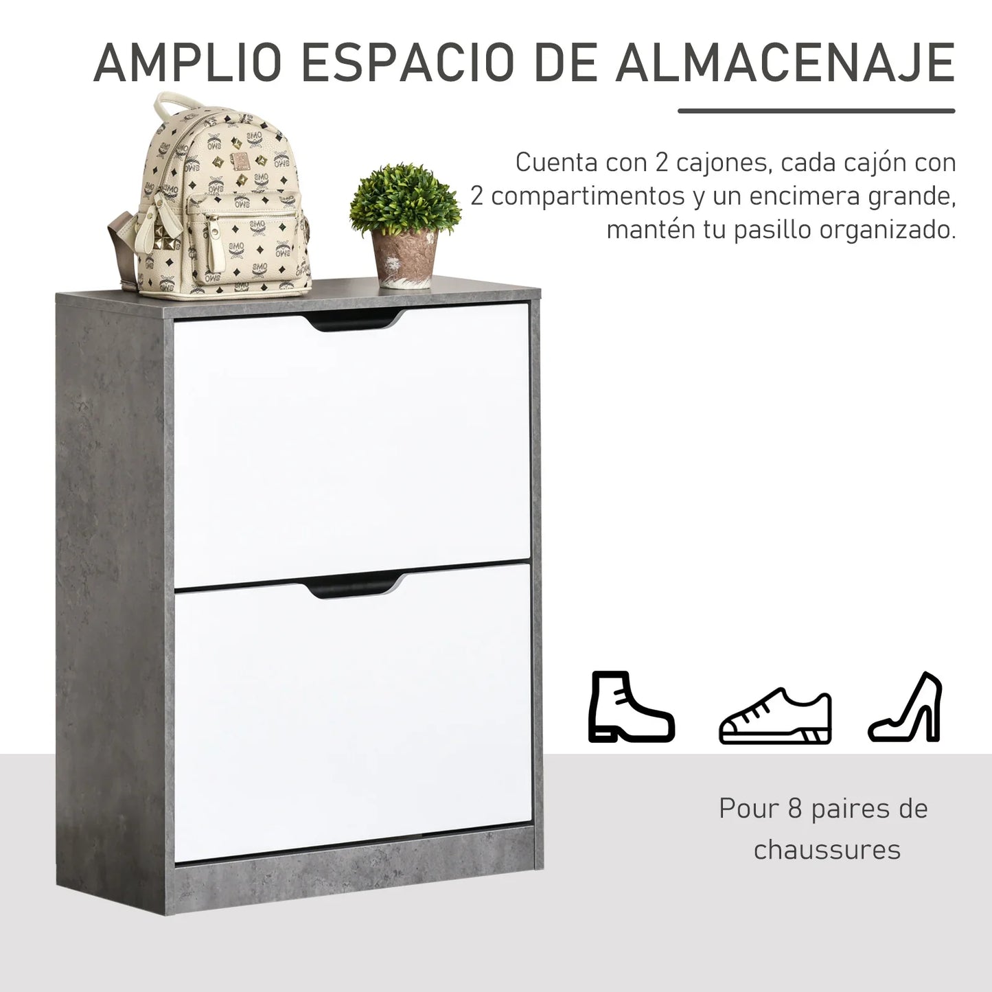 HOMCOM Wooden Shoe Cabinet Shoe Rack with 2 Folding Doors and 4 Shelves for 8 Pairs in the Entrance Hallway Bedroom 62.5x26x81 cm Grey