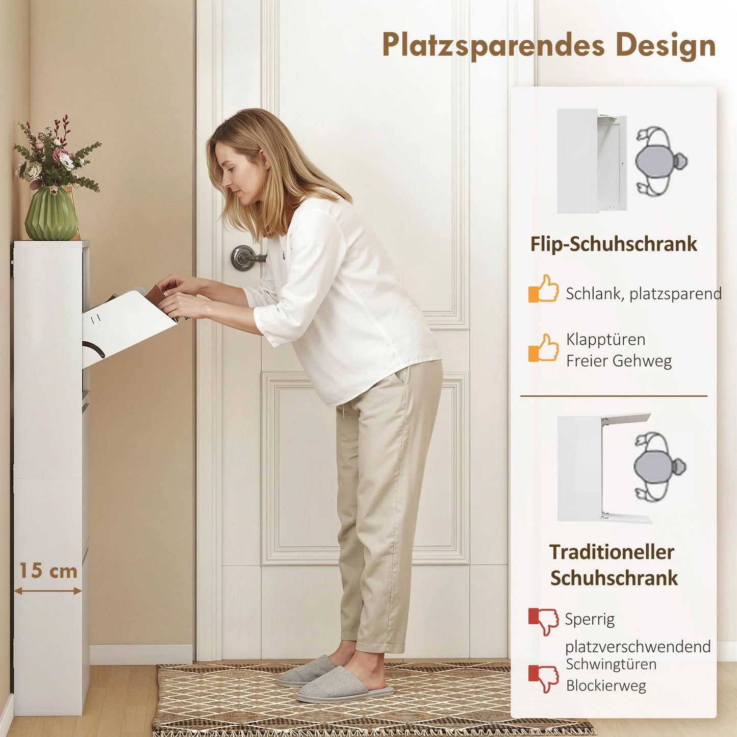 HOMCOM Metall-Schuhschrank mit 3 Kippschubladen – schlanker, wandmontierter Schuhschrank für 6 Paar Schuhe, 55 x 15 x 105,5 cm, Weiß