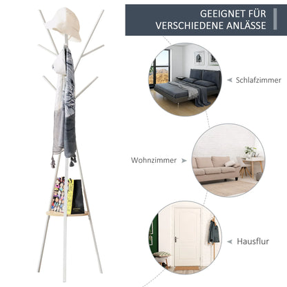 HOMCOM Garderobenständer, Hutständer mit 8 Haken, Kleiderständer mit Ablage, Standgarderobe für Kleidung, Hüte, Taschen, Metall, Weiß, 45 x 45 x 180 cm