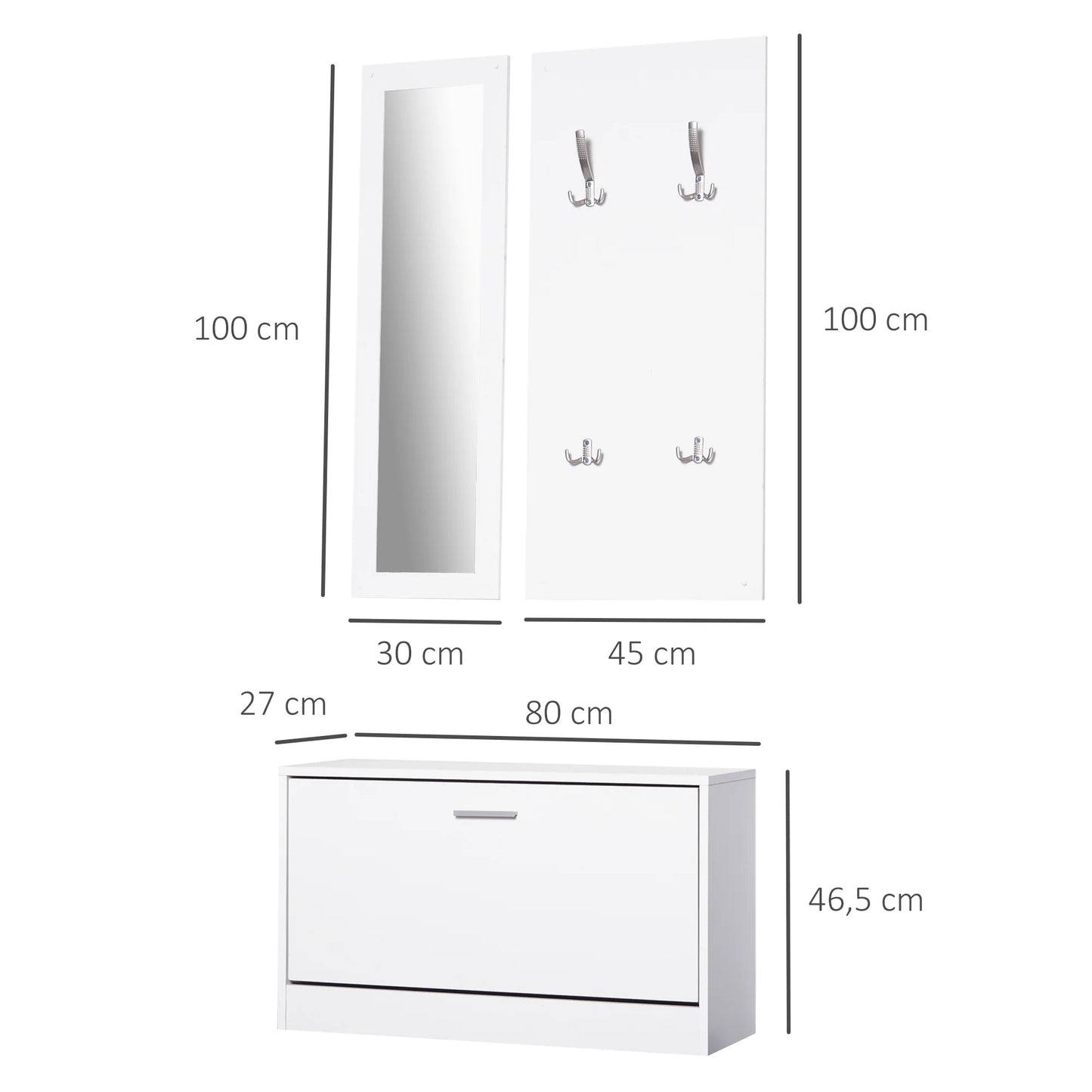 HOMCOM 3-teiliges Dielenmöbel-Set, Schuhschrank, Spiegel, Garderobe mit 4 Kleiderhaken, 80x27x46,5 cm, Weiß
