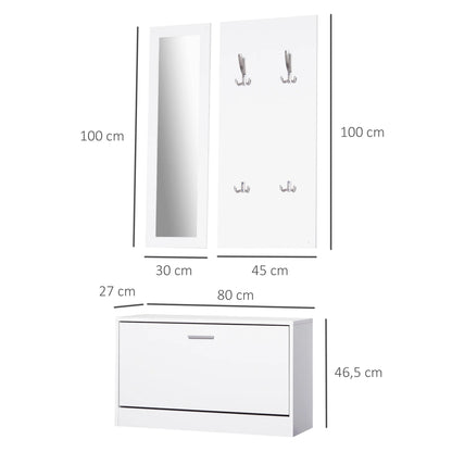 HOMCOM 3-teiliges Dielenmöbel-Set, Schuhschrank, Spiegel, Garderobe mit 4 Kleiderhaken, 80x27x46,5 cm, Weiß