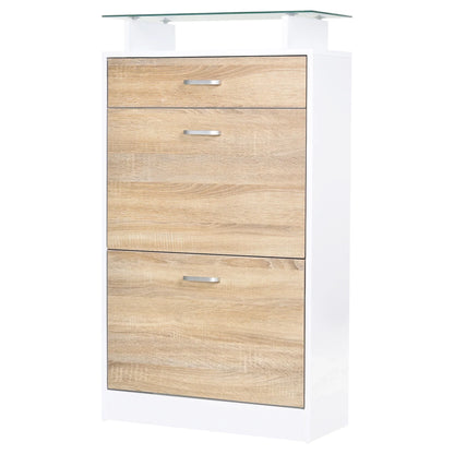 HOMCOM Schuhschrank mit 3 Schubladen, Glasablage und Aluminiumgriff für Flur, 50 kg Belastbarkeit, 60x24x105,5 cm - Natur