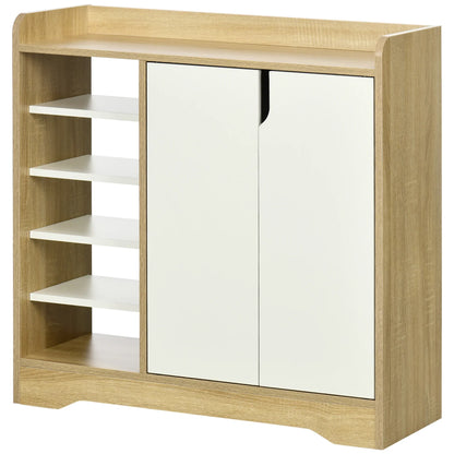 HOMCOM Moderner Schuhschrank, schmales Schuhregal mit 2 Türen, Stauraum für 13 Paar Schuhe, Flur & Diele, 80x30x80 cm, Natur und Weiß
